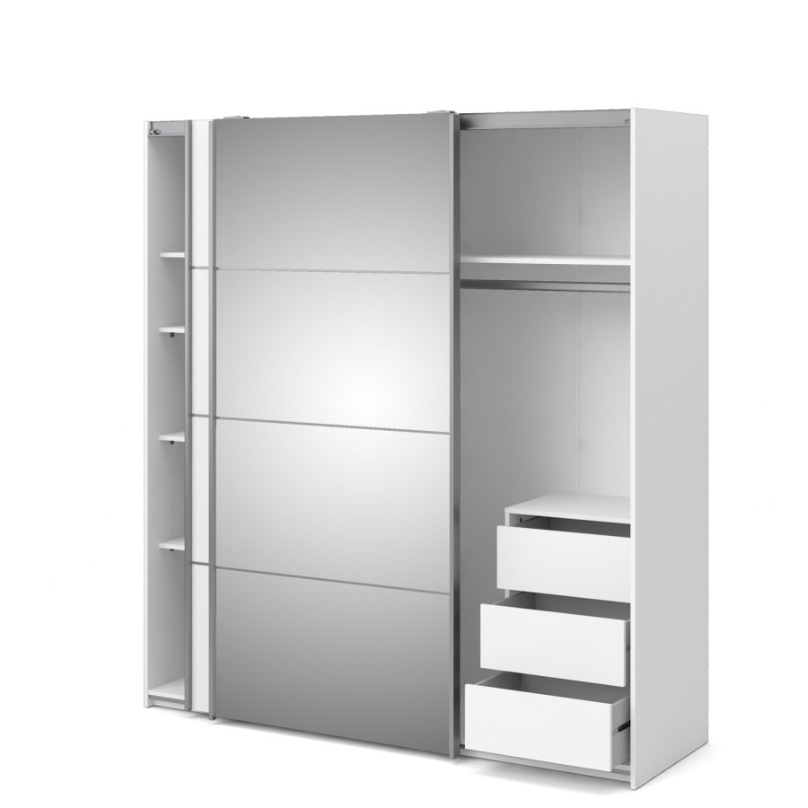 TVILUM Verona Skydedrsskab - spejlglas og hvid tr, 2 skydedre m. hylder og skuffer