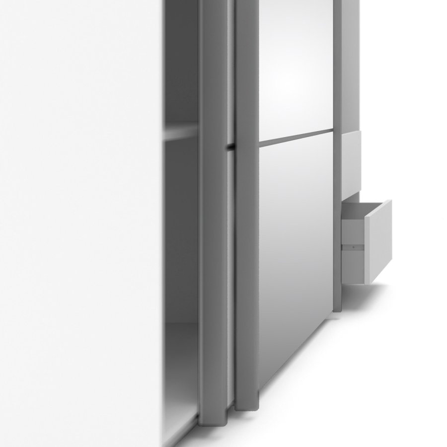 TVILUM Verona Skydedrsskab - spejlglas og hvid tr, 2 skydedre m. hylder og skuffer