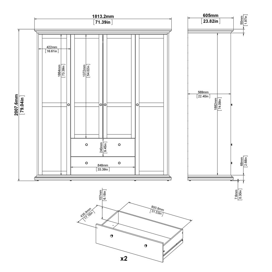 TVILUM Paris garderobeskab - mat gr tr, m. 4 lger og 2 skuffer 