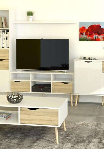 TVILUM Delta TV-bord - hvid/egestruktur, m. 2 skuffer og 4 rum