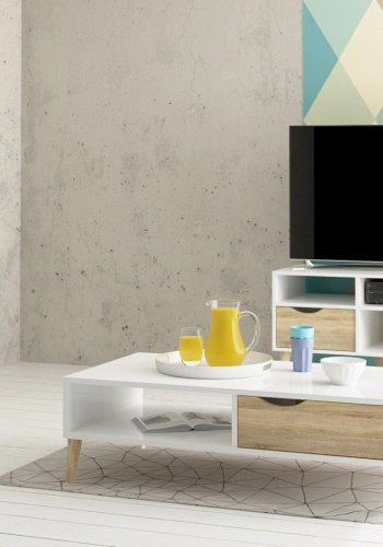 TVILUM Delta TV-bord - hvid/egestruktur, m. 2 skuffer og 4 rum