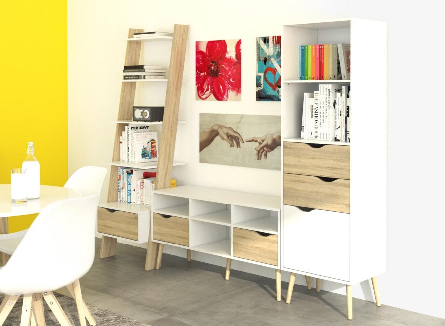 TVILUM Delta TV-bord - hvid/egestruktur, m. 2 skuffer og 4 rum