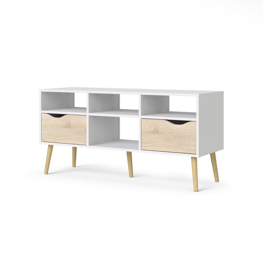 TVILUM Delta TV-bord - hvid/egestruktur, m. 2 skuffer og 4 rum