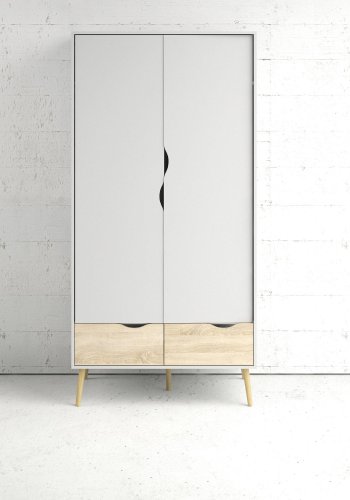 TVILUM Delta garderobeskab - hvid/egestruktur tr, m. 2 lger og 2 skuffer