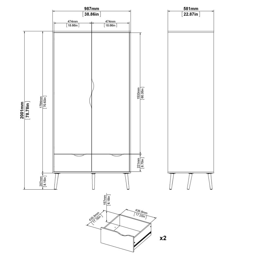 TVILUM Delta garderobeskab - hvid/egestruktur tr, m. 2 lger og 2 skuffer