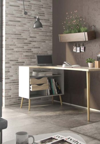 TVILUM Delta skrivebord - egestruktur/hvid tr m. 2 skuffer