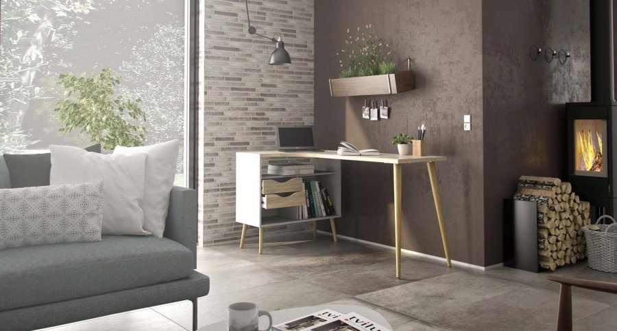 TVILUM Delta skrivebord - egestruktur/hvid tr m. 2 skuffer