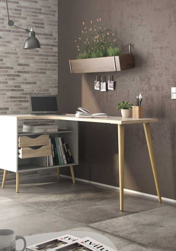 TVILUM Delta skrivebord - egestruktur/hvid tr m. 2 skuffer