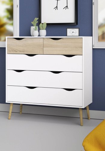 TVILUM Delta kommode - hvid/egestruktur, m. 5 skuffer