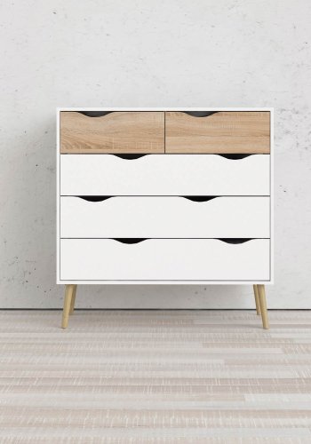 TVILUM Delta kommode - hvid/egestruktur, m. 5 skuffer