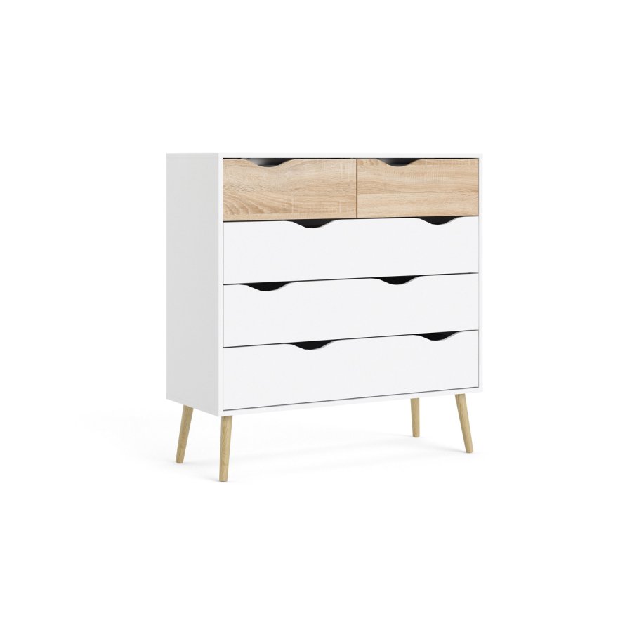 TVILUM Delta kommode - hvid/egestruktur, m. 5 skuffer