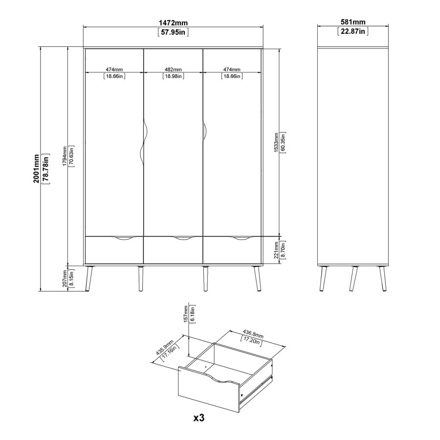 TVILUM Delta garderobeskab - hvid/egetrsstruktur, m. 3 lger og 3 skuffer