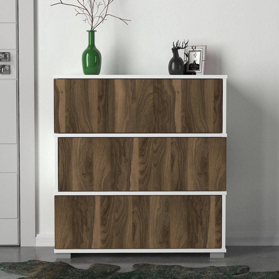 FUNZI LIVING Napolyon skoskab, m. 3 lger - hvid og valnd melamin