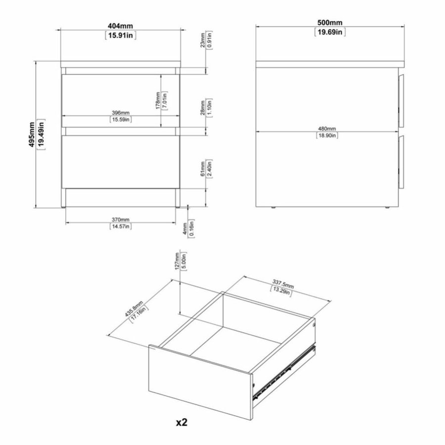 TVILUM Naia sengebord, m. 2 skuffer - gr/hvid folie og plastik (40,4x50)