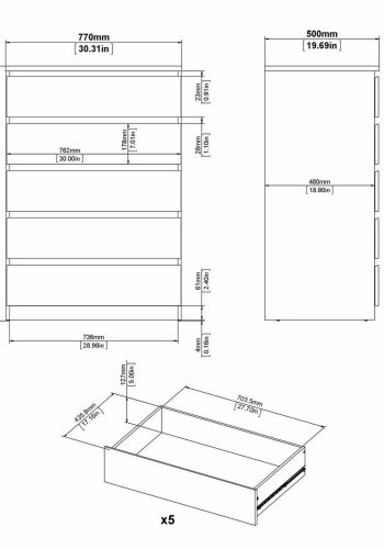 TVILUM Naia kommode, m. 5 skuffer - sort folie og plastik