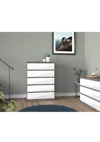 TVILUM Naia kommode, m. 5 skuffer - hvid/gr folie og plastik