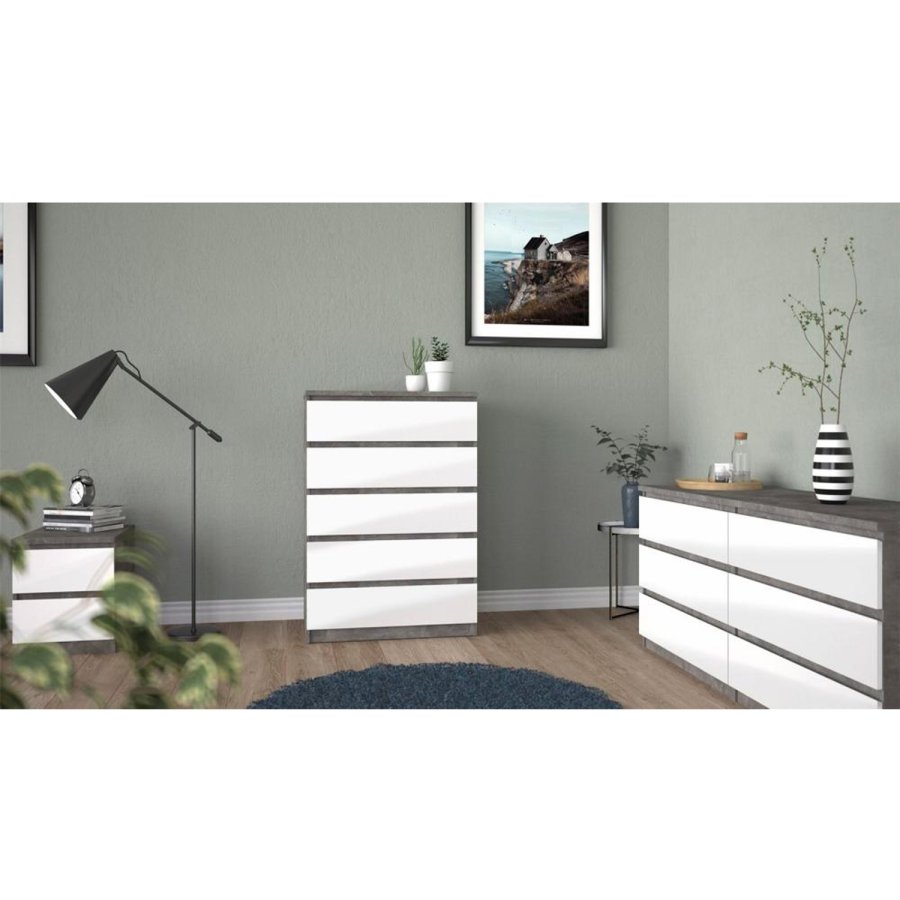 TVILUM Naia kommode, m. 5 skuffer - hvid/gr folie og plastik