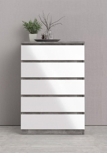 TVILUM Naia kommode, m. 5 skuffer - hvid/gr folie og plastik