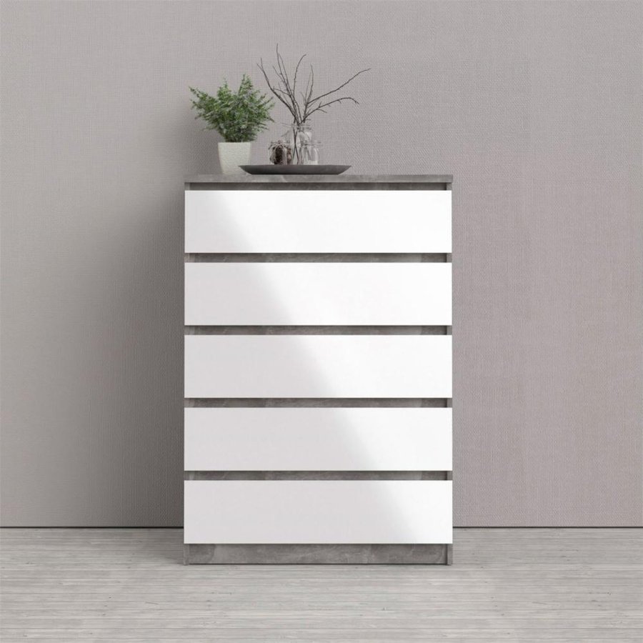 TVILUM Naia kommode, m. 5 skuffer - hvid/gr folie og plastik