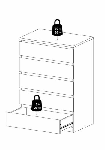 TVILUM Naia kommode, m. 5 skuffer - hvid/gr folie og plastik