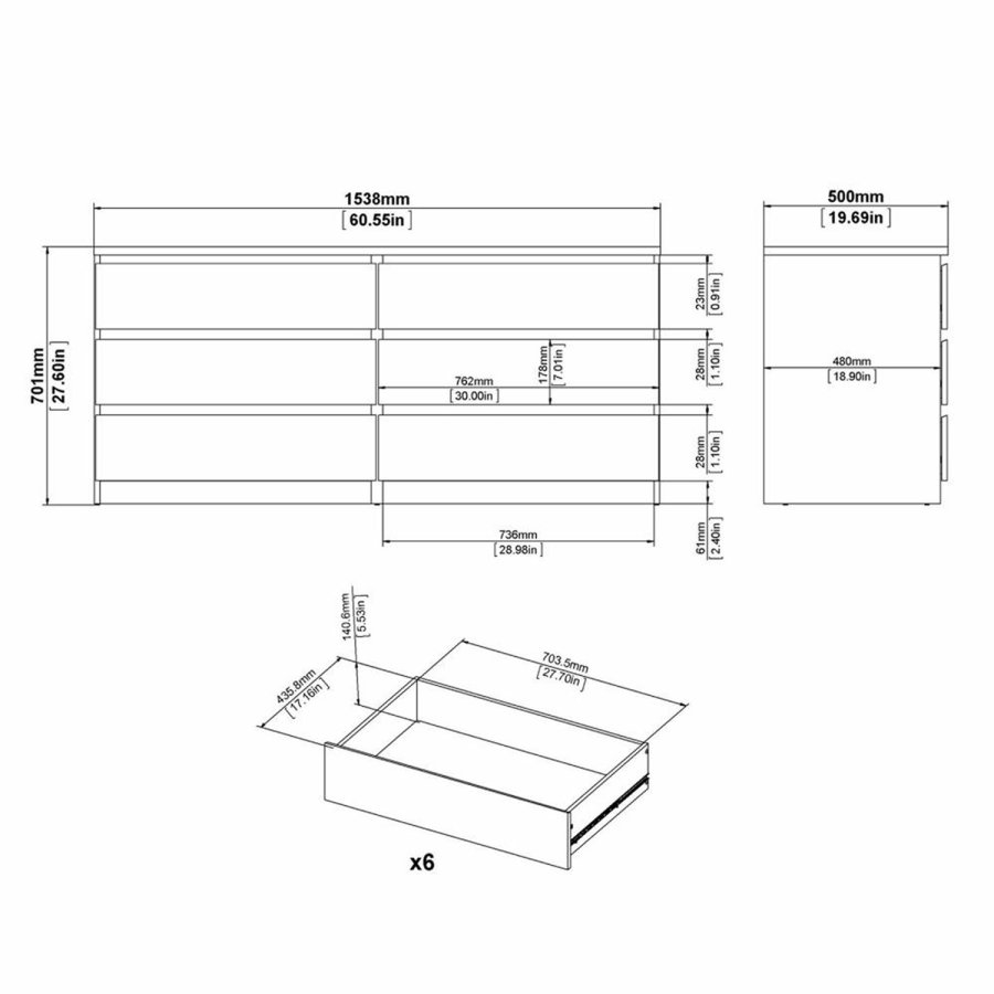 TVILUM Naia dobbelt kommode, m. 6 skuffer - gr/hvid folie og plastik
