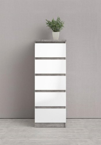 TVILUM Naia kommode, m. 5 skuffer - hvid/gr folie og plastik