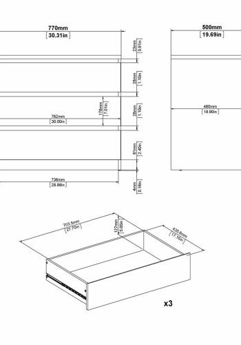 TVILUM Naia kommode, m. 3 skuffer - hvid/gr folie og plastik