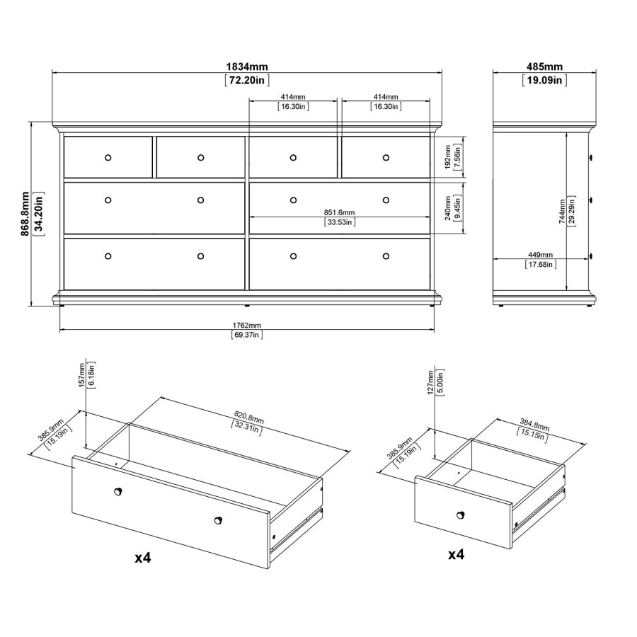 TVILUM Paris kommode - mat gr tr, m. 8 skuffer 