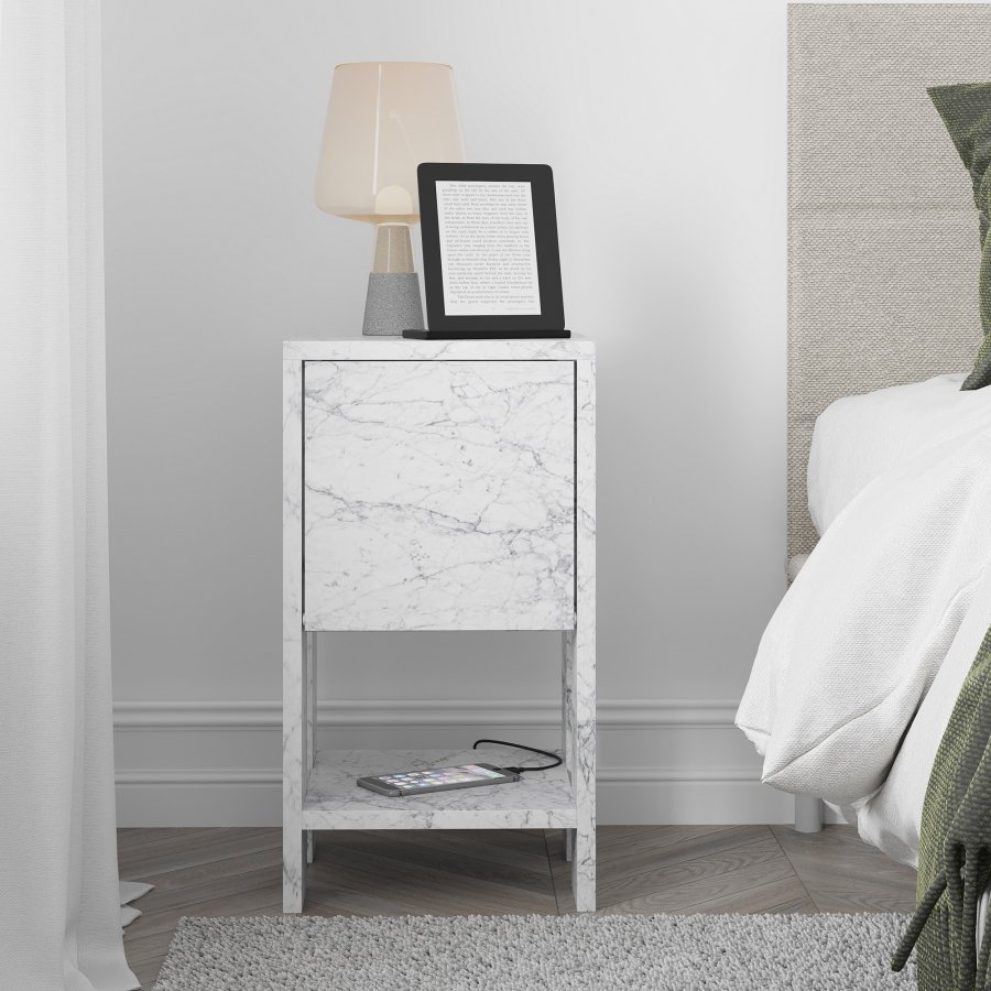 FUNZI LIVING Ema natbord, m. 1 lge og 1 hylde - Carrara marmor melamin (30x30)