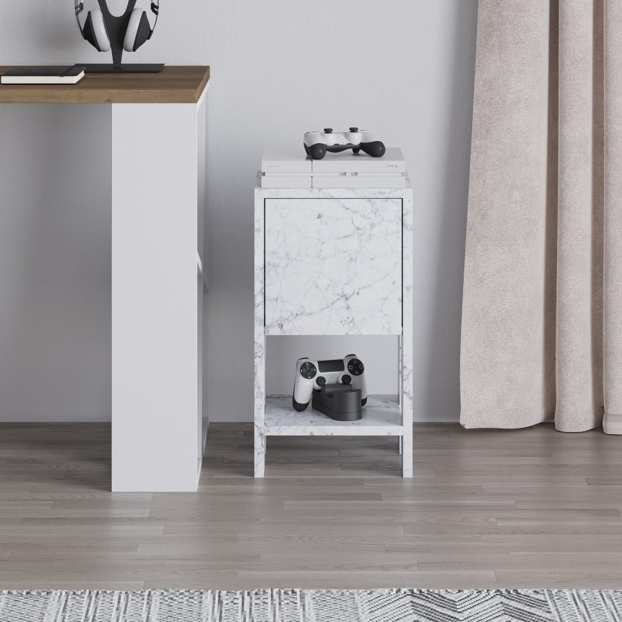 FUNZI LIVING Ema natbord, m. 1 lge og 1 hylde - Carrara marmor melamin (30x30)