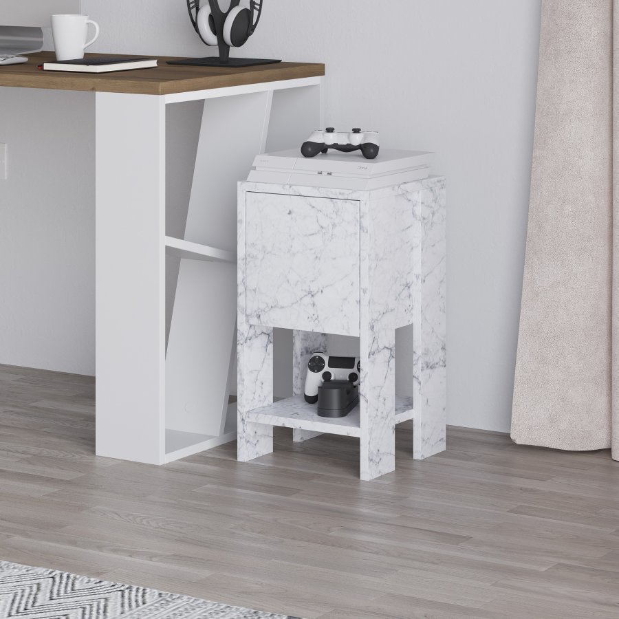 FUNZI LIVING Ema natbord, m. 1 lge og 1 hylde - Carrara marmor melamin (30x30)