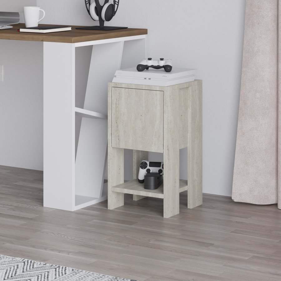 FUNZI LIVING Ema natbord, m. 1 lge og 1 hylde - travertin melamin (30x30)