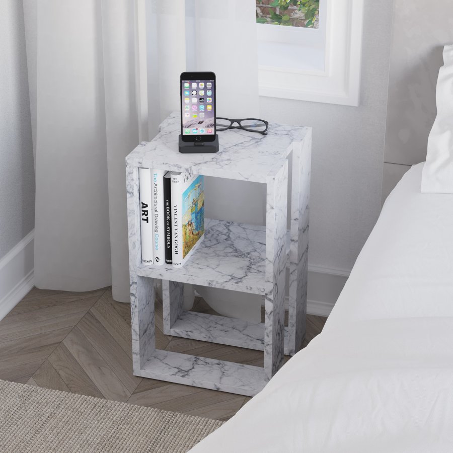 FUNZI LIVING Lonie natbord, m. 1 hylde - Carrara marmor melamin (30x30)