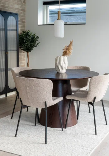 HOUSE NORDIC Bolton og Maceda spisebordsst, 1 spisebord, 4 spisebordsstole - beige stof/valndfinér