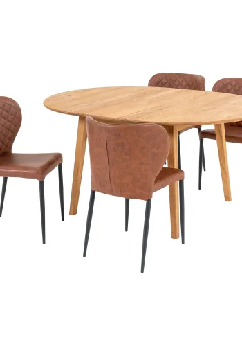 HOUSE NORDIC Metz og Pisa spisebordsst, 1 spisebord, 4 spisebordsstole - brun PU/natur eg