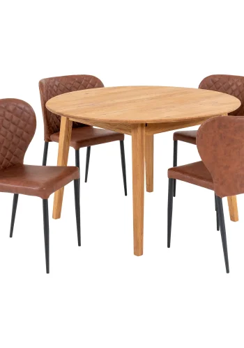 HOUSE NORDIC Metz og Pisa spisebordsst, 1 spisebord, 4 spisebordsstole - brun PU/natur eg