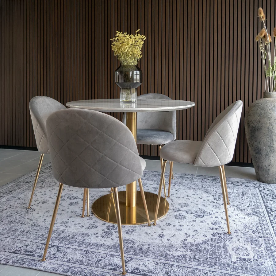 HOUSE NORDIC Bolzano og Geneve spisebordsst, 1 spisebord, 4 spisebordsstole - gr velour/hvid/MDF