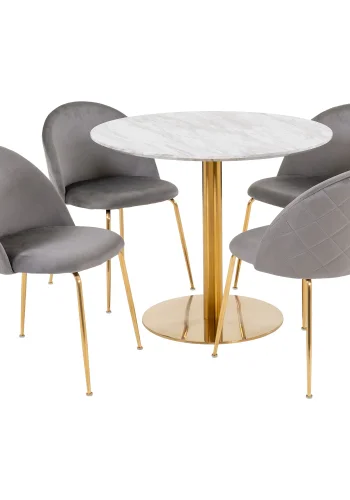 HOUSE NORDIC Bolzano og Geneve spisebordsst, 1 spisebord, 4 spisebordsstole - gr velour/hvid/MDF