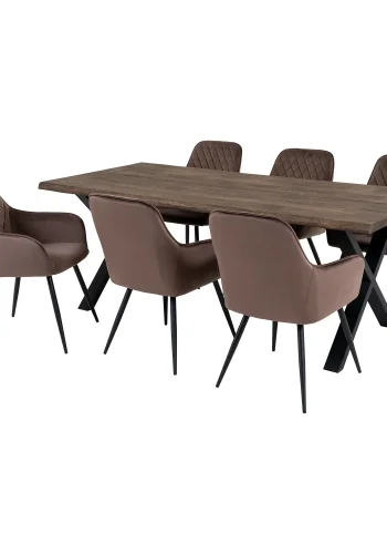 HOUSE NORDIC Toulon og Harbo spisebordsst, 1 spisebord, 6 spisebordsstole - lysebrun velour/brun eg