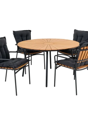 HOUSE NORDIC Cleveland havembelst, 1 havebord og 4 havestole - natur teak og sort metal