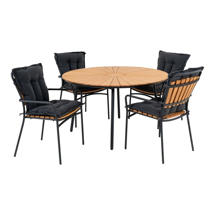 HOUSE NORDIC Cleveland havembelst, 1 havebord og 4 havestole - natur teak og sort metal