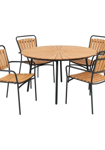 HOUSE NORDIC Cleveland havembelst, 1 havebord og 4 havestole - natur teak og sort metal