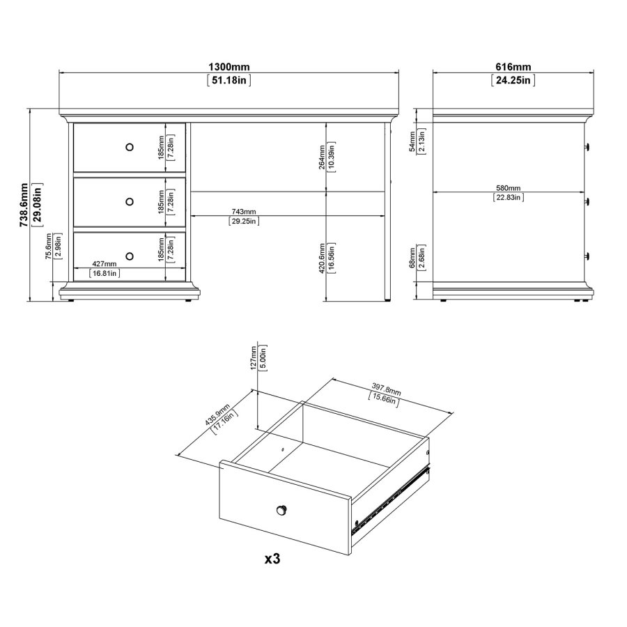 TVILUM Paris skrivebord - hvid tr, med 3 skuffer 