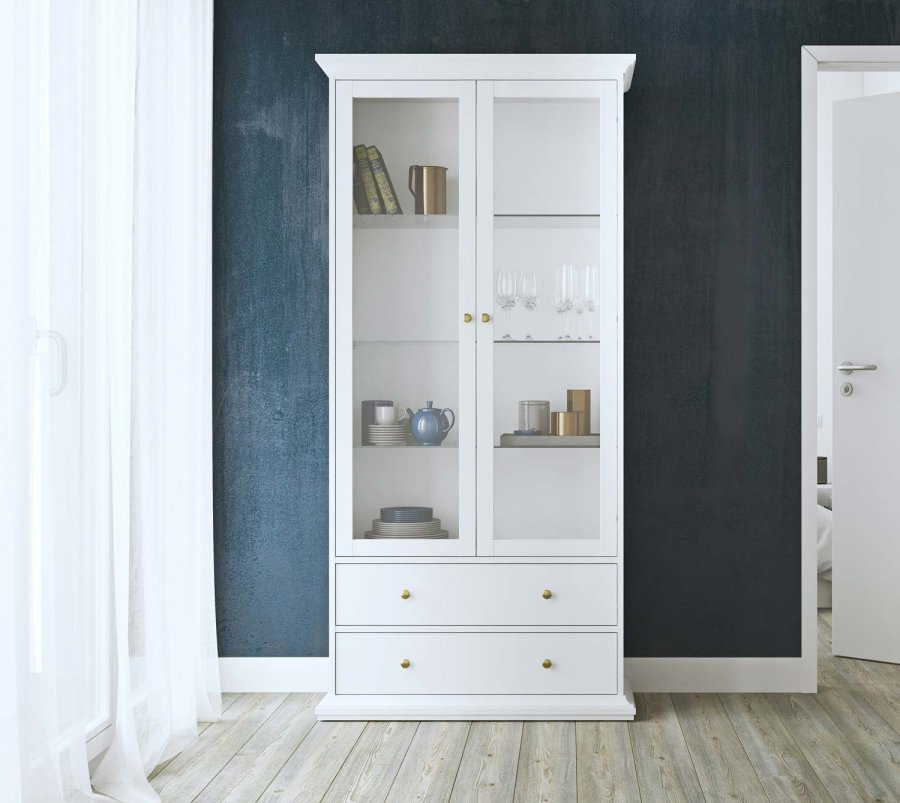 TVILUM Paris vitrineskab - hvidt tr, m. 2 lger og 2 skuffer