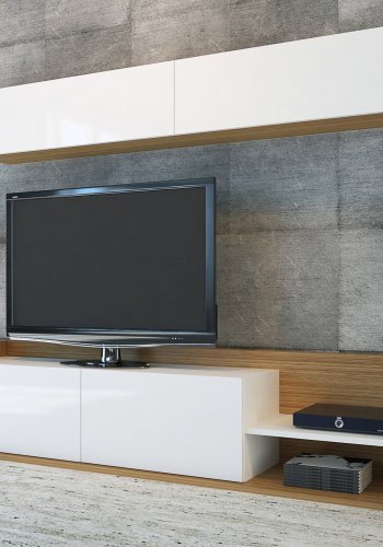 FUNZI LIVING TV-bord og vghylde, m. lger og hylde - hvid og teaktrsfarvet melamin (st med 2)