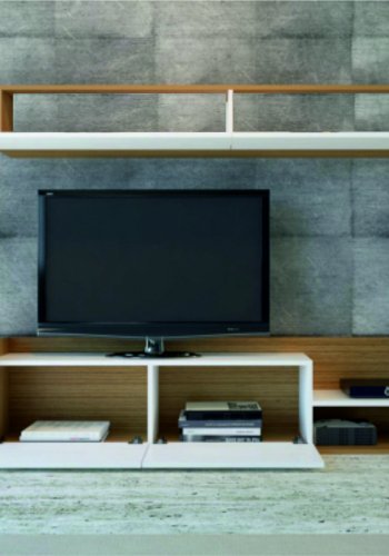 FUNZI LIVING TV-bord og vghylde, m. lger og hylde - hvid og teaktrsfarvet melamin (st med 2)