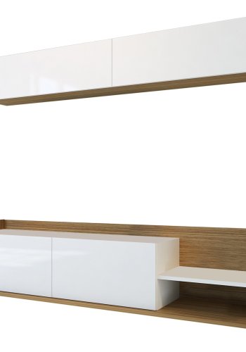 FUNZI LIVING TV-bord og vghylde, m. lger og hylde - hvid og teaktrsfarvet melamin (st med 2)