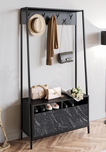 FUNZI LIVING Devin entrést, m. 7 knager, 1 lge og hylde - sort melamin og sort metal