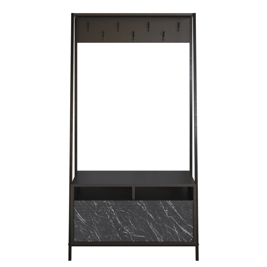 FUNZI LIVING Devin entrést, m. 7 knager, 1 lge og hylde - sort melamin og sort metal