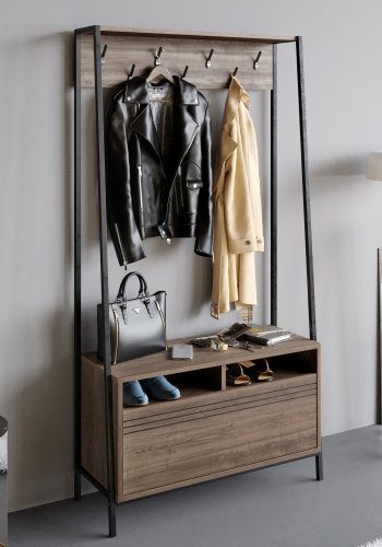 FUNZI LIVING Devin entrést, m. 7 knager, 1 lge og hylde - valndfarvet melamin og sort metal